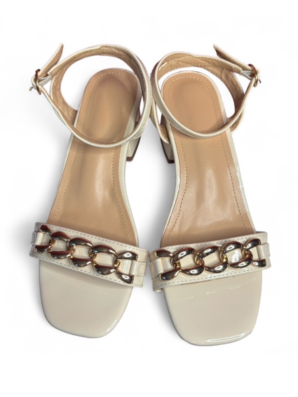 Ankle-Strap Block Heels in Cream with Gold Chain Detail size 35/6